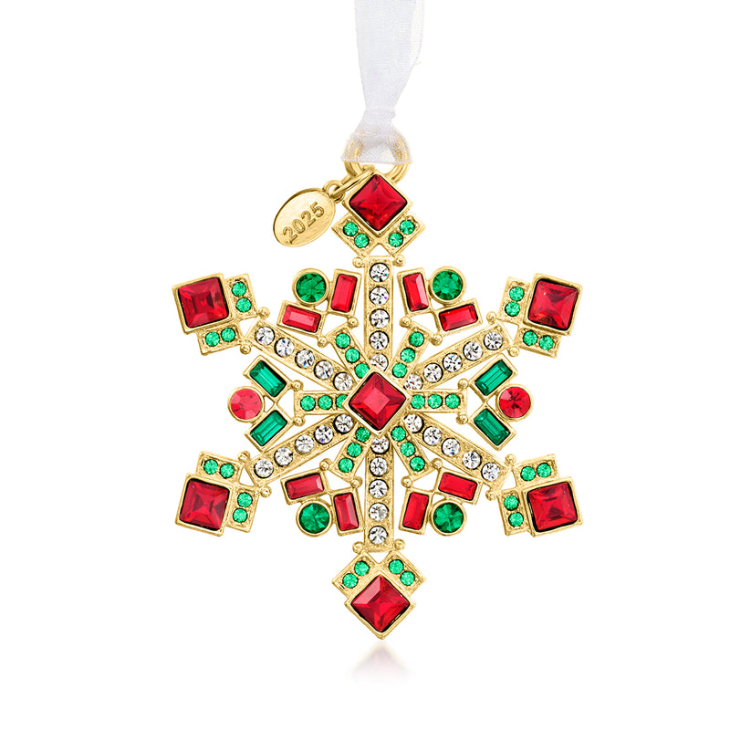 Multicolored crystal snowflake ornament with gold-tone and hanging loop