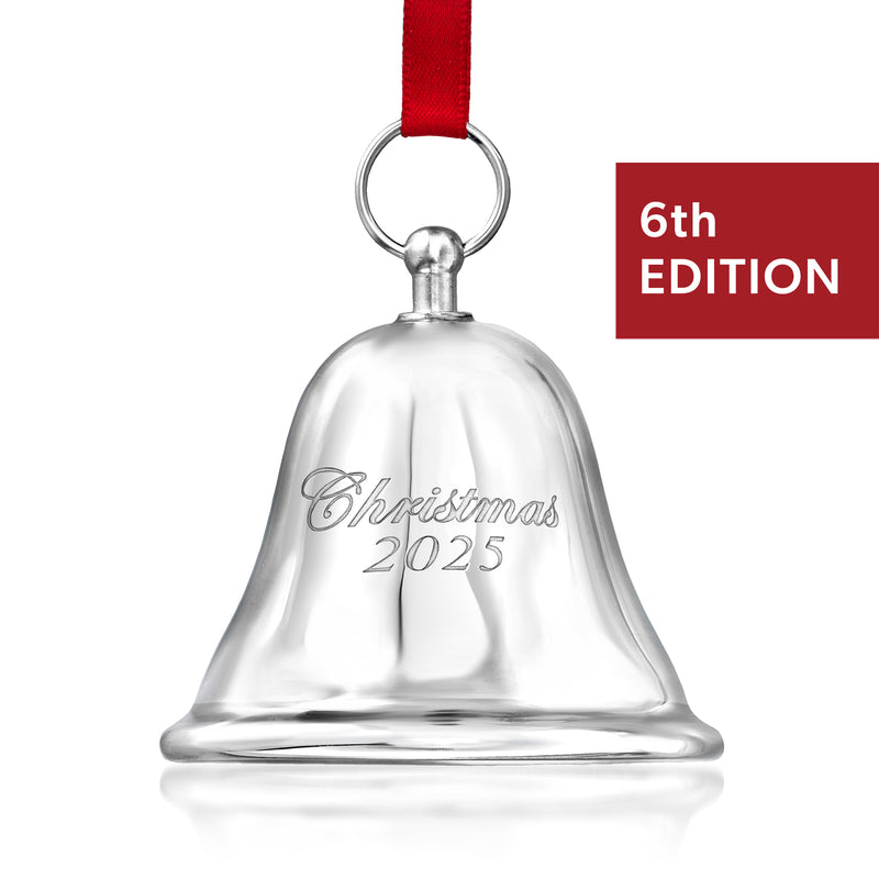 Gorham sterling silver Christmas bell ornament with red ribbon, engraved 2025