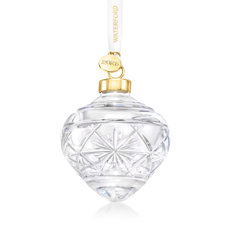 Waterford Crystal 2025 bauble ornament, clear faceted teardrop with gold cap and loop