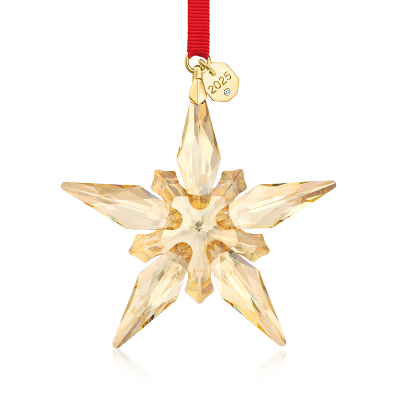 Swarovski annual 2025 snowflake crystal ornament with red ribbon and gold clasp