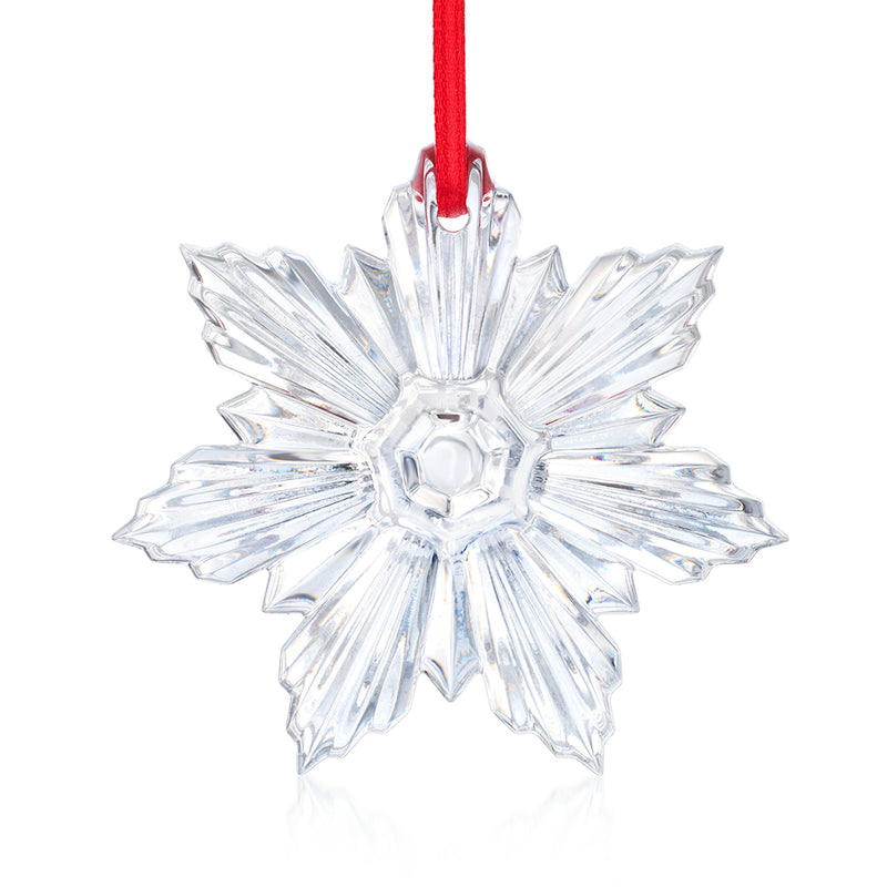 Baccarat crystal Palmette ornament with red hanging ribbon, clear faceted flower shape