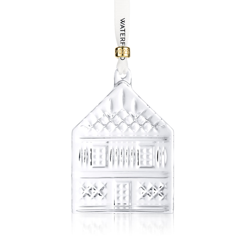 Waterford Crystal house-shaped new home ornament with cutout windows; hanging ribbon