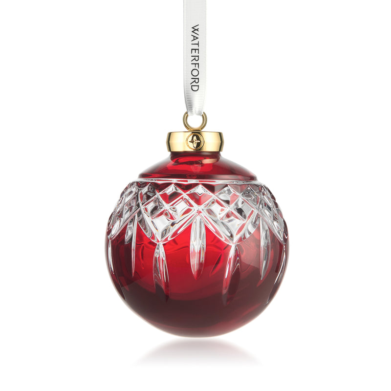 Waterford Crystal Lismore red faceted bauble ornament with gold cap and hanging ribbon