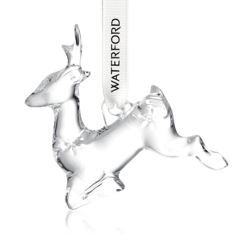 Waterford Crystal mini reindeer ornament with clear antlers and hanging ribbon