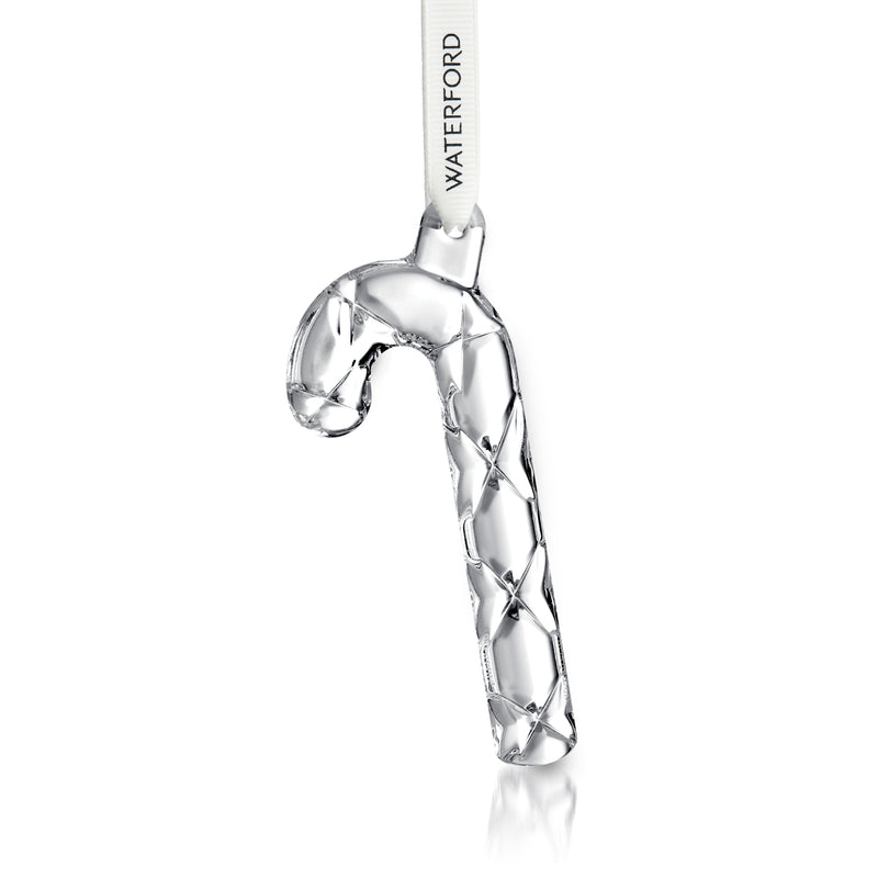 Waterford crystal mini candy cane ornament with hanging ribbon loop, shiny silver tone