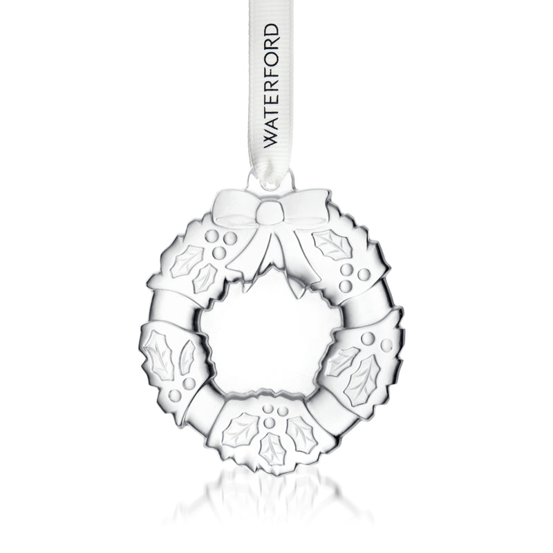 Waterford crystal mini wreath ornament with holly leaf cutouts and hanging ribbon