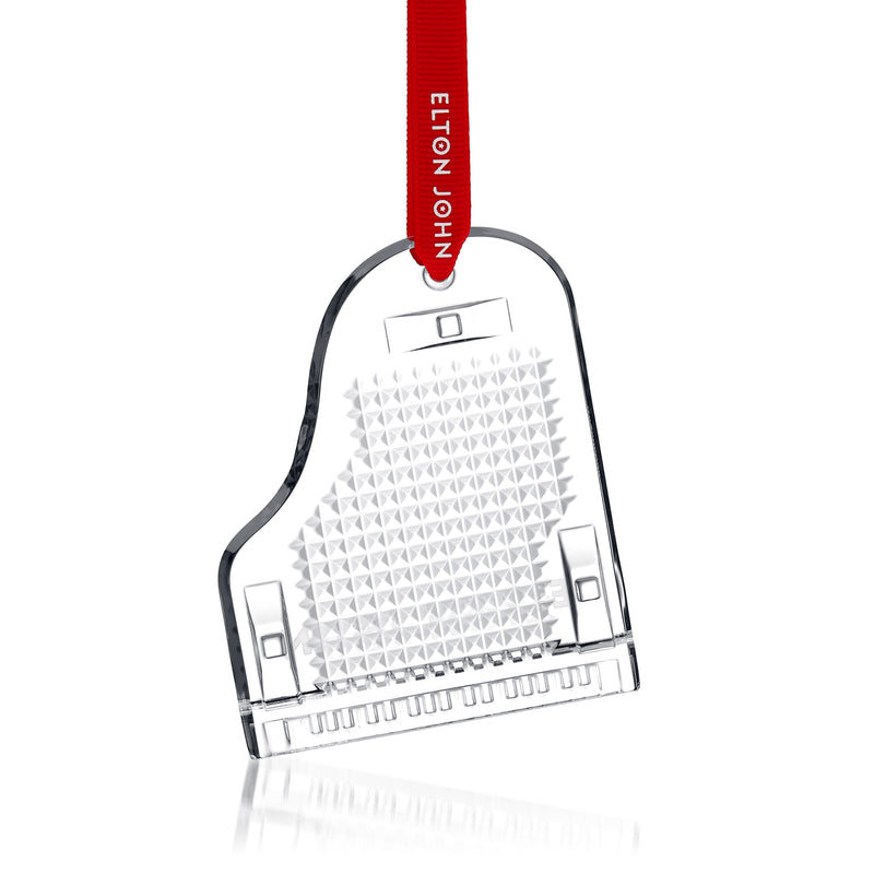 Crystal piano ornament with red hanging ribbon, clear cut-glass details and keys base