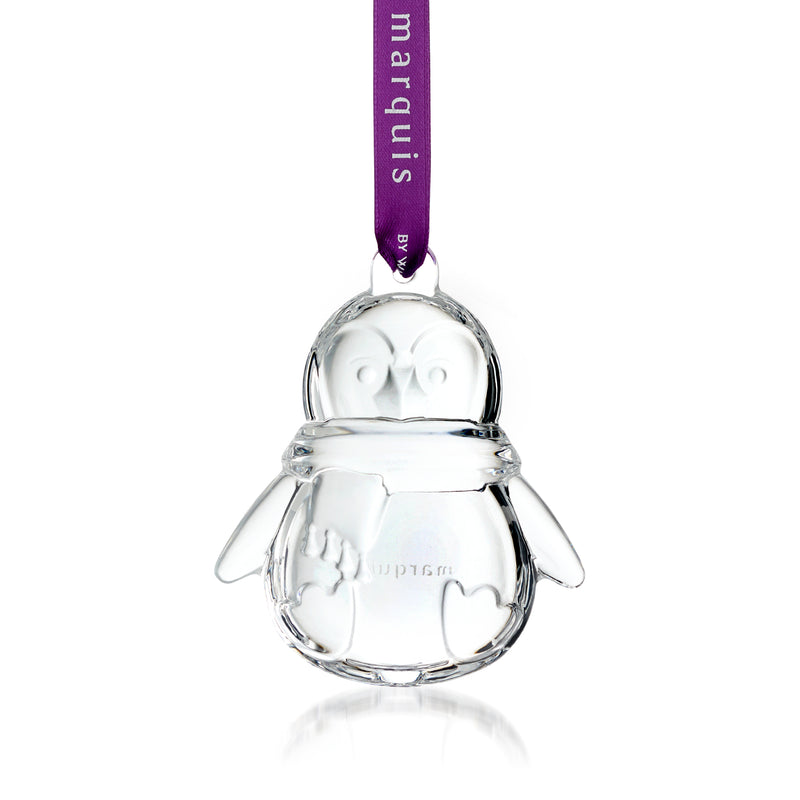 Crystal penguin ornament with purple hanging ribbon, clear faceted glass body