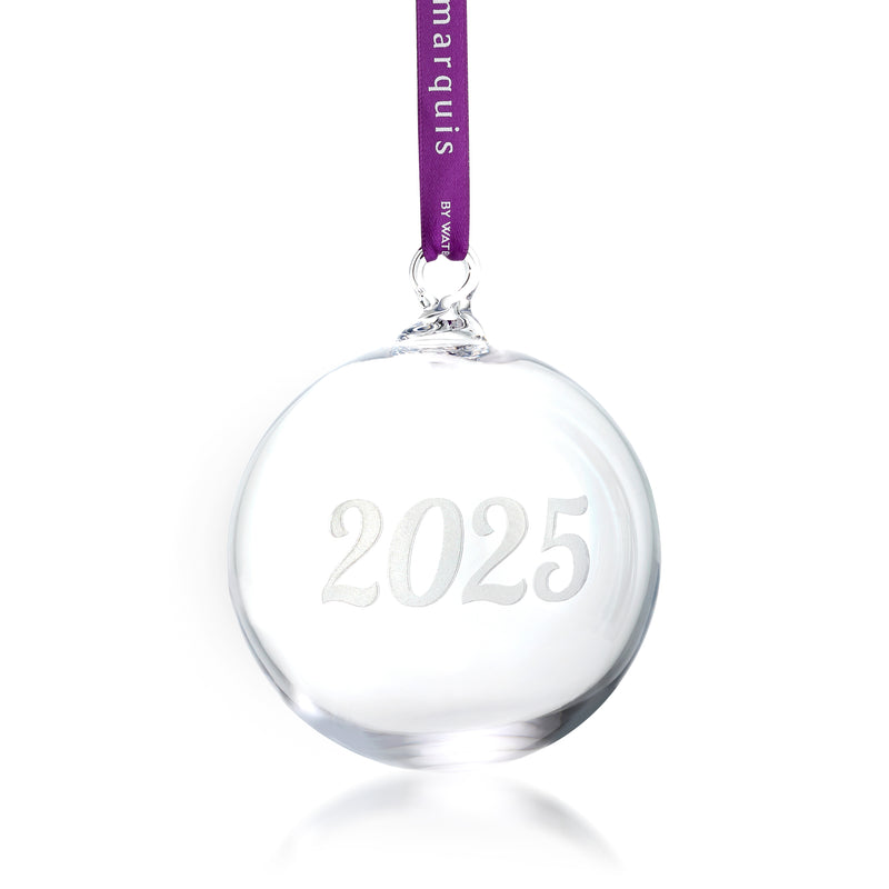 Hanging crystal bauble ornament with 2025 engraving and purple ribbon loop
