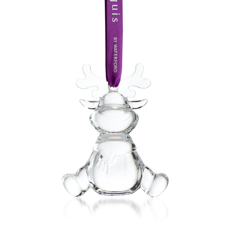 Crystal reindeer ornament with antlers and purple hanging ribbon loop