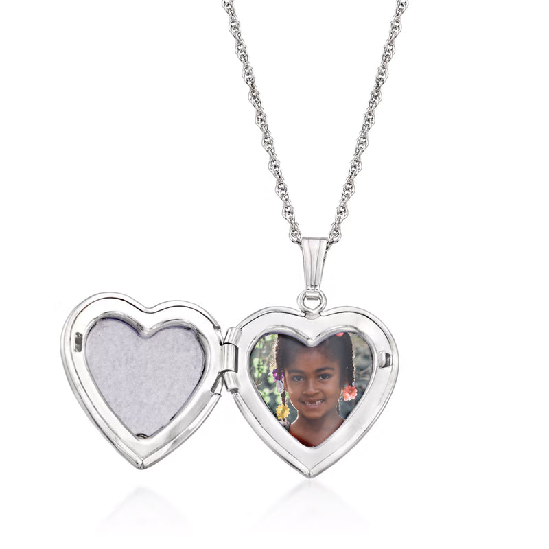 Sterling silver heart photo locket necklace with two hinged hearts and portrait window
