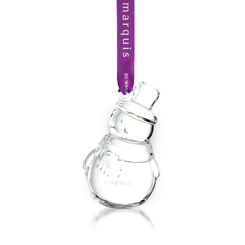 Crystal snowman ornament with purple hanging ribbon and metal loop