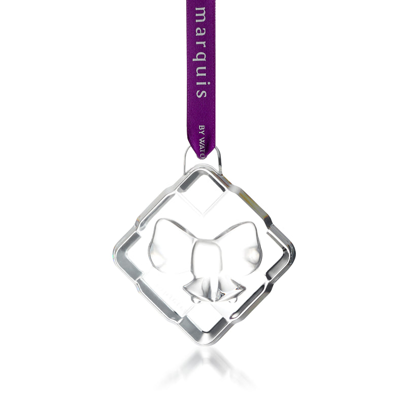 Crystal gift present ornament with purple hanging ribbon and bow in a square frame