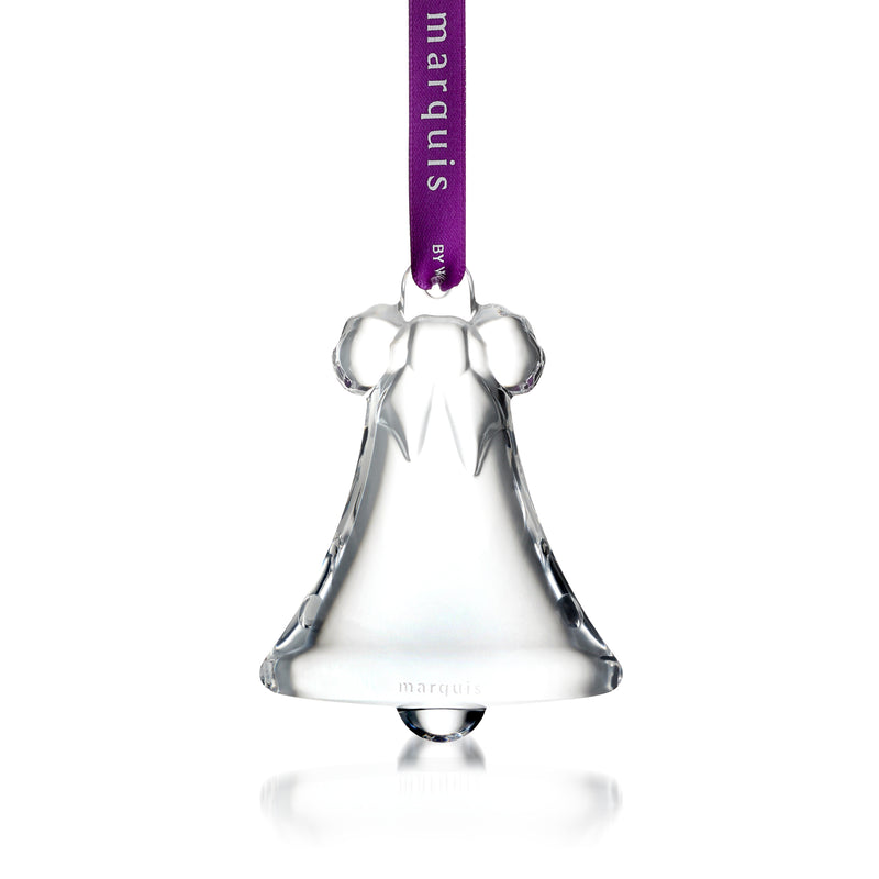 Clear crystal hang bell ornament with loop top and ribbon, faceted bell shape