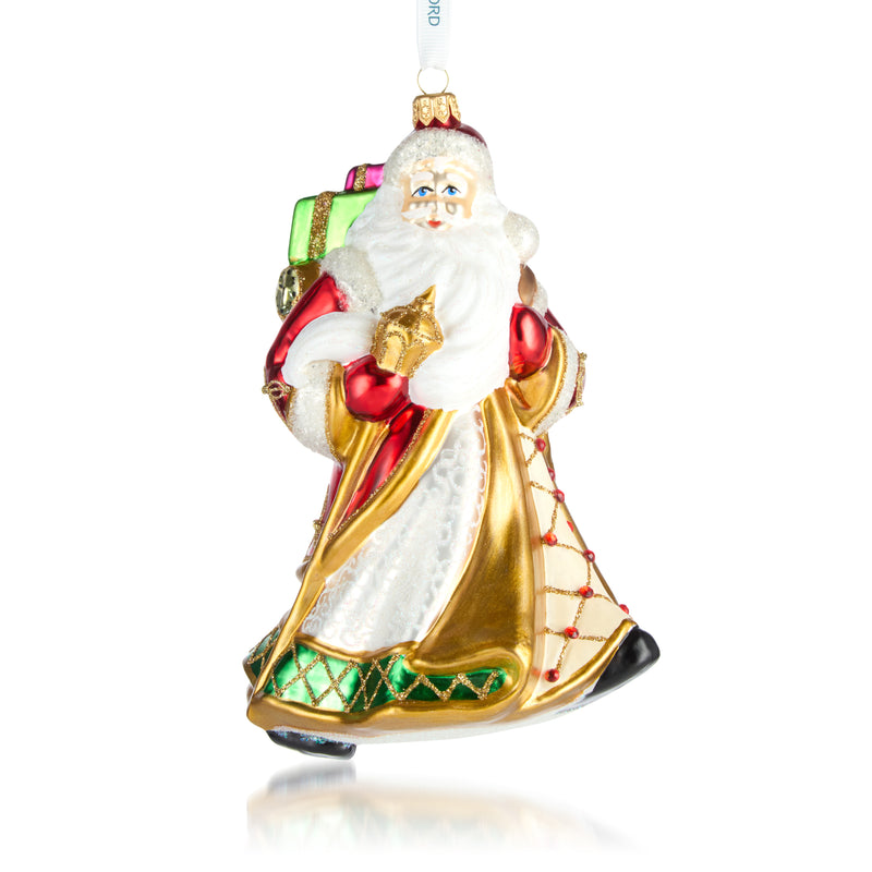 Glass Santa Claus ornament with gold and red robe, green accents