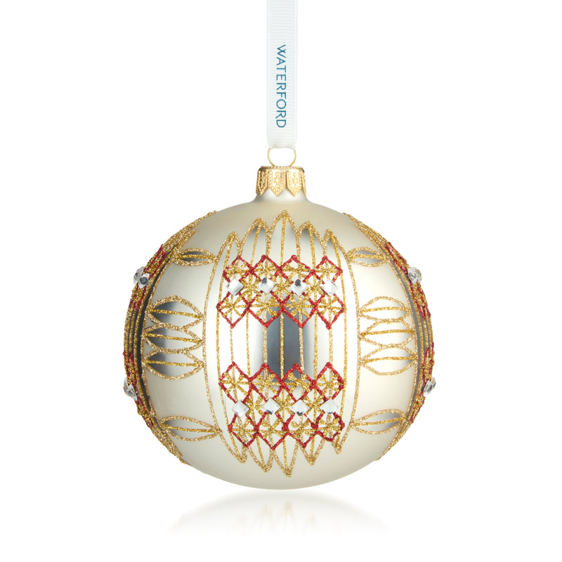 Round glass Christmas ornament with gold filigree and red crystal panel, Waterford Crystal
