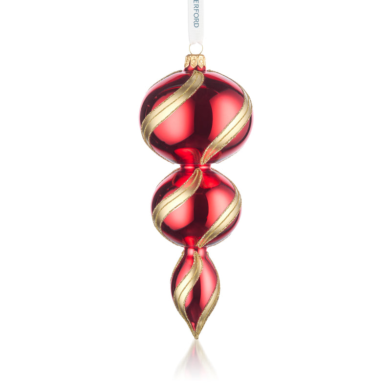 Waterford Crystal Holiday Heirlooms triple-spire glass ornament, red with gold swirl