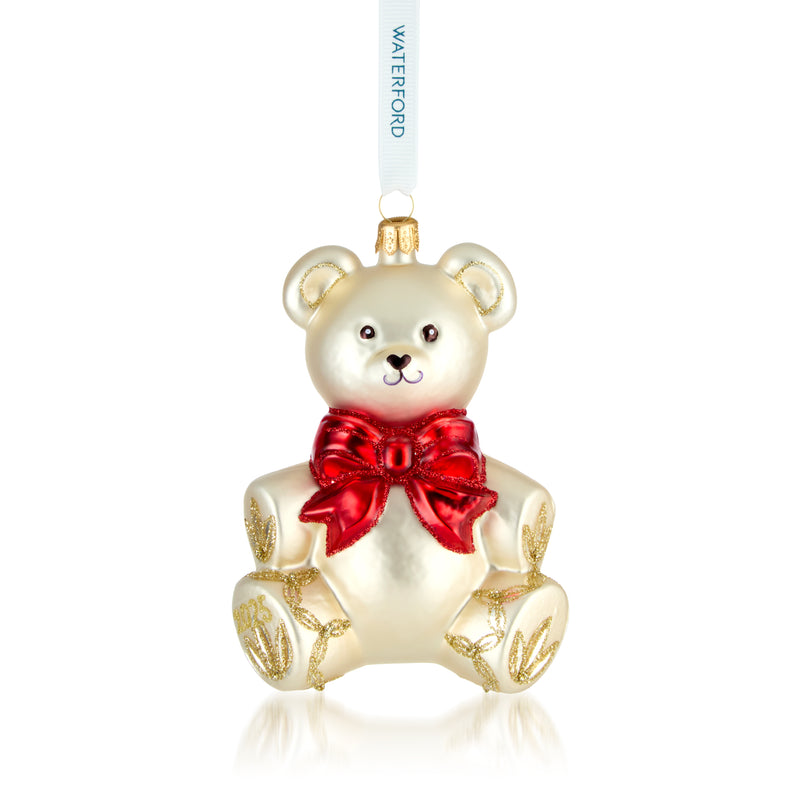 Waterford Crystal glass teddy bear ornament with red bow and hanging ribbon loop