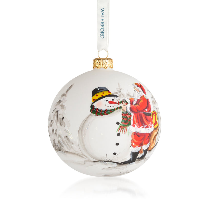 Waterford Crystal round glass Christmas ornament with snowman and Santa scene