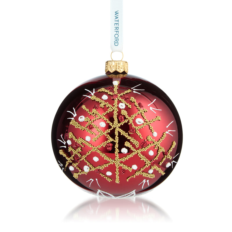 Waterford Crystal glass winter tree ornament, dark red sphere with gold tree design
