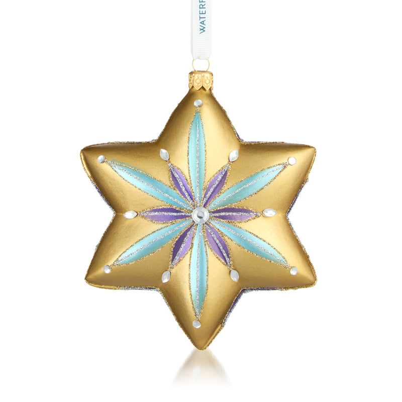 Goldtone glass star ornament with blue and purple floral center, hanging loop