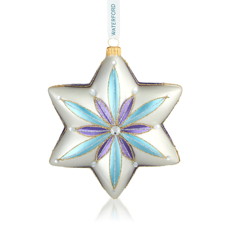 Waterford Crystal silvertone glass star ornament with blue and purple floral star design