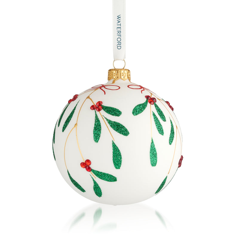 Waterford Crystal glass mistletoe ornament, white bauble with green glitter leaves and red berries
