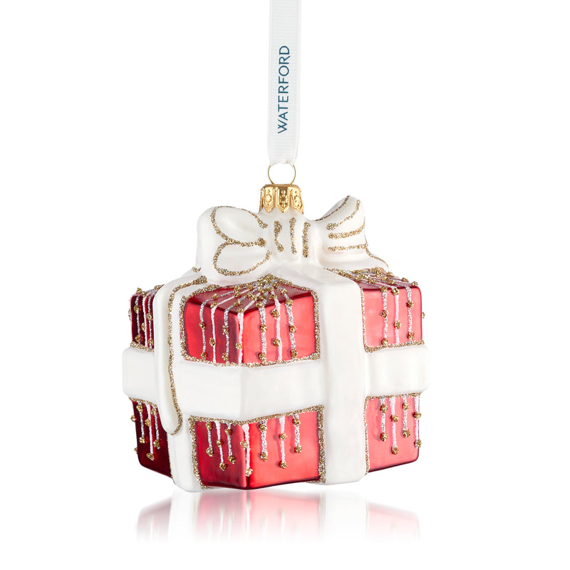 Waterford Crystal glass present ornament, red and white gift with gold accents