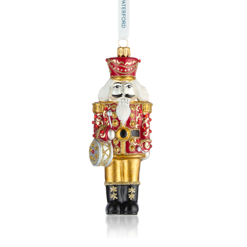 Waterford Crystal glass nutcracker hanging ornament, red and gold with white face and black boots