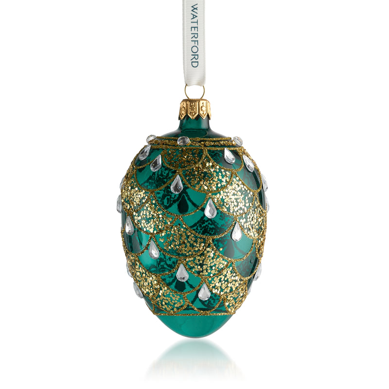 Waterford Crystal glass oval bauble ornament, teal with gold glitter and white icicle accents