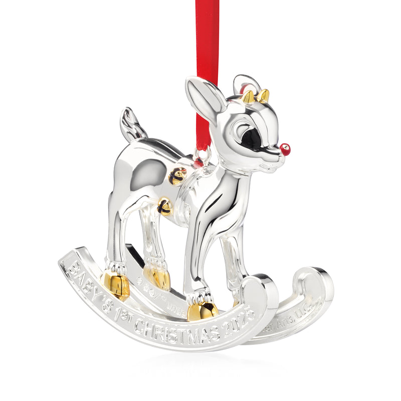 Silver-tone rocking reindeer ornament with gold accents and red hanging ribbon