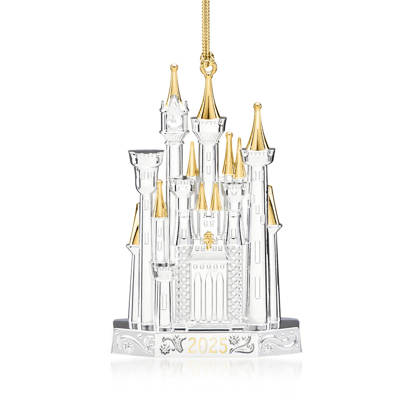 Silver-plated castle ornament with gold spires and 2025 medallion, hanging loop