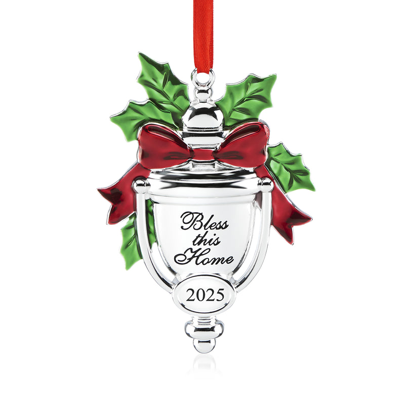 Silver plate ornament with holly, red berries, ribbon, 'Bless this Home' and 2025