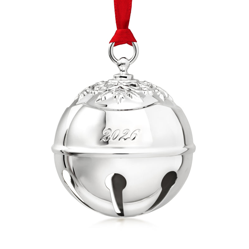 Reed & Barton silver-plated holly bell ornament with 2026 engraving and red ribbon