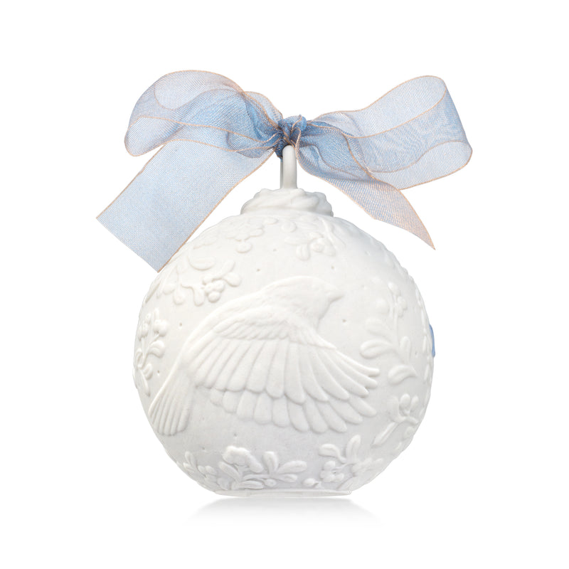 Lladro white porcelain Christmas ball ornament with blue ribbon bow and shell relief