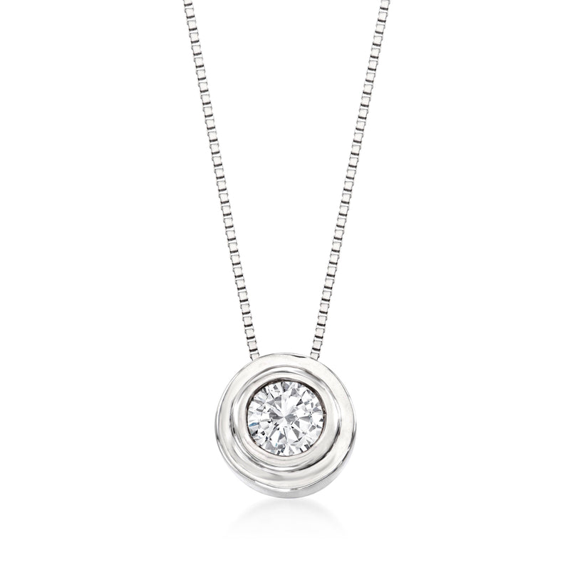14kt white gold solitaire diamond necklace with round double-bezel pendant