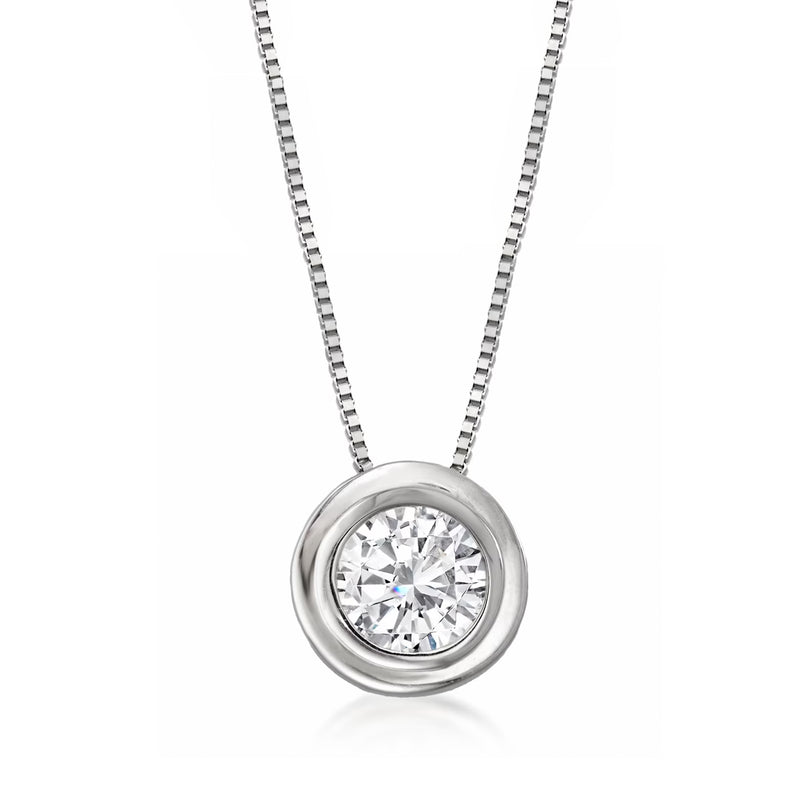 14kt white gold solitaire diamond necklace with double bezel round pendant