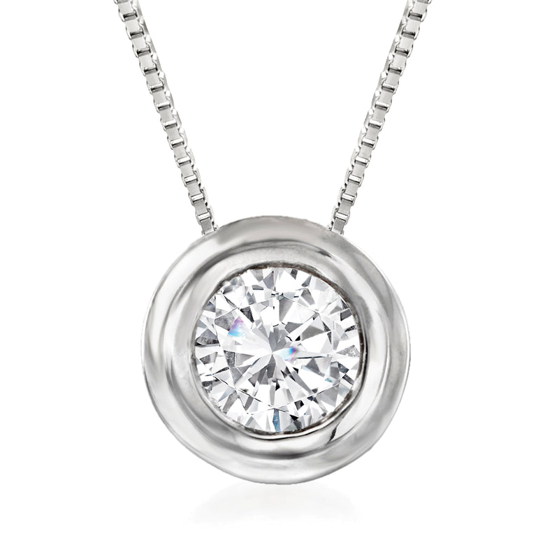 14kt white gold diamond solitaire pendant with double bezel and round brilliant center