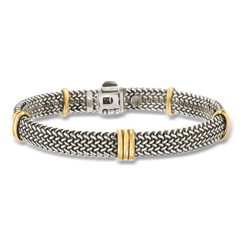 Woven sterling silver bracelet with bonded 18kt gold center bar and clasp