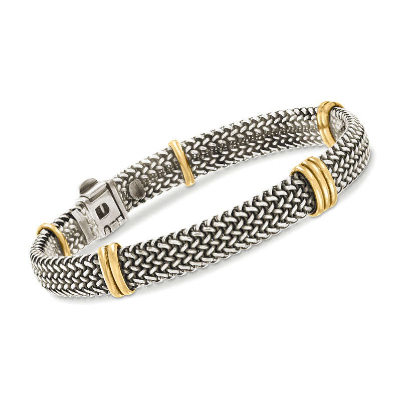 Woven mesh bracelet with bonded 18kt gold end rings and engraved clasp panel