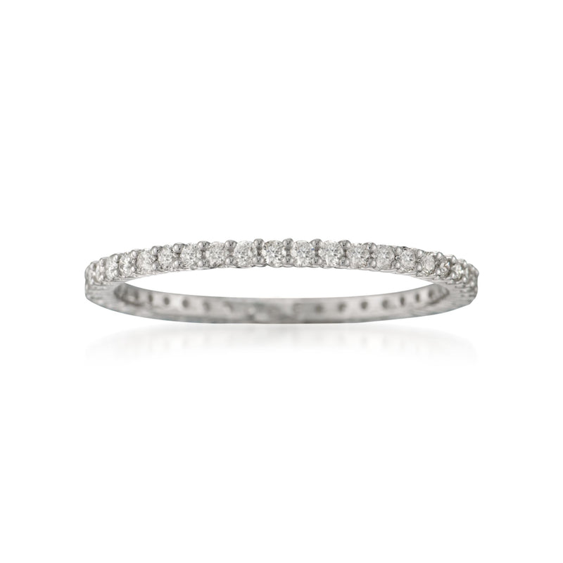 Diamond eternity band in 14kt white gold with small pave stones, top view