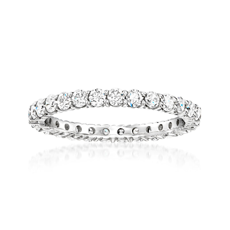14kt white gold diamond eternity band with round stones and scalloped edges