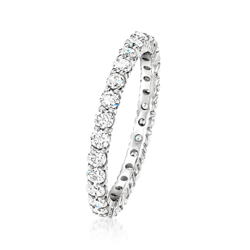 14kt white gold diamond eternity band, side view, round diamonds in a row