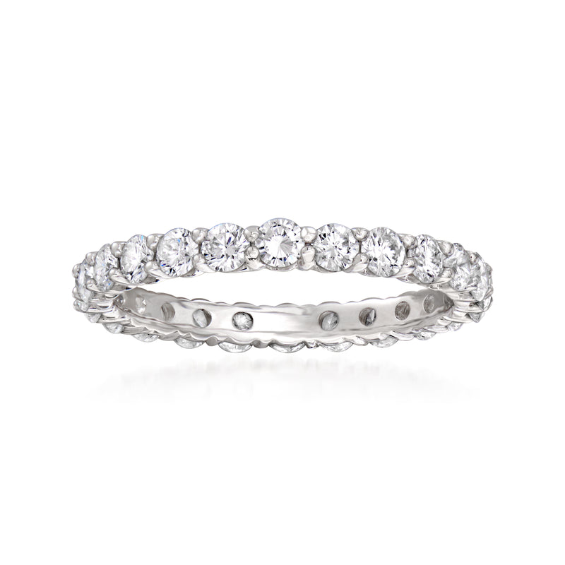 14kt white gold diamond eternity band with round-cut stones, shared prong setting