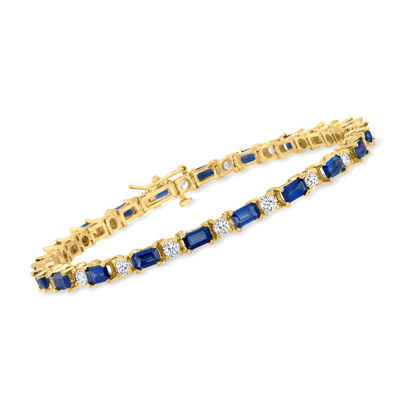 14kt yellow gold bracelet with blue sapphire baguette stones and diamond accents