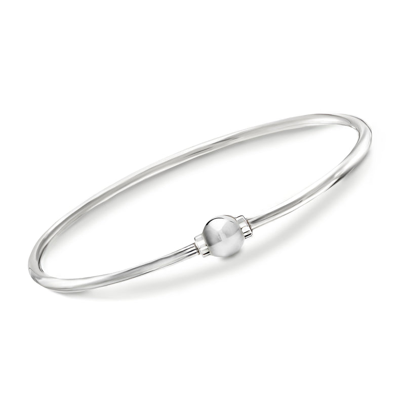 Sterling silver bangle bracelet with central ball clasp and smooth oval band