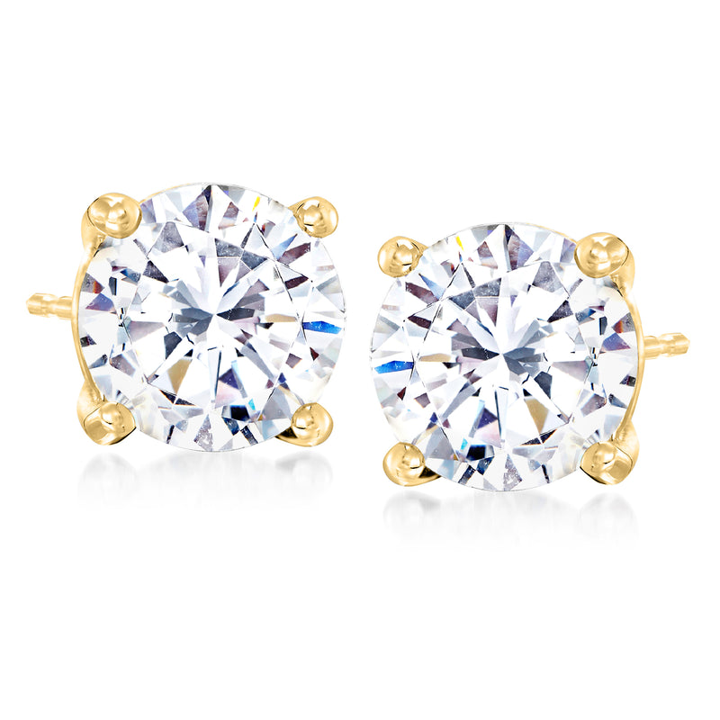 14kt yellow gold CZ stud earrings with round stones, four-prong setting