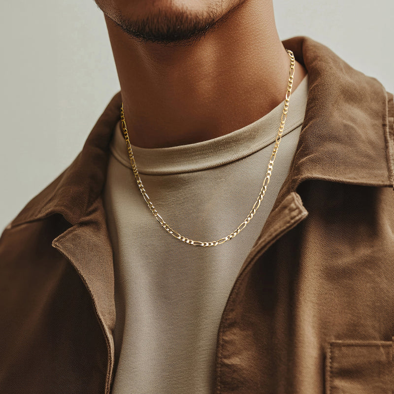 Men's 14kt yellow gold figaro-link necklace, close-fit chain on collar