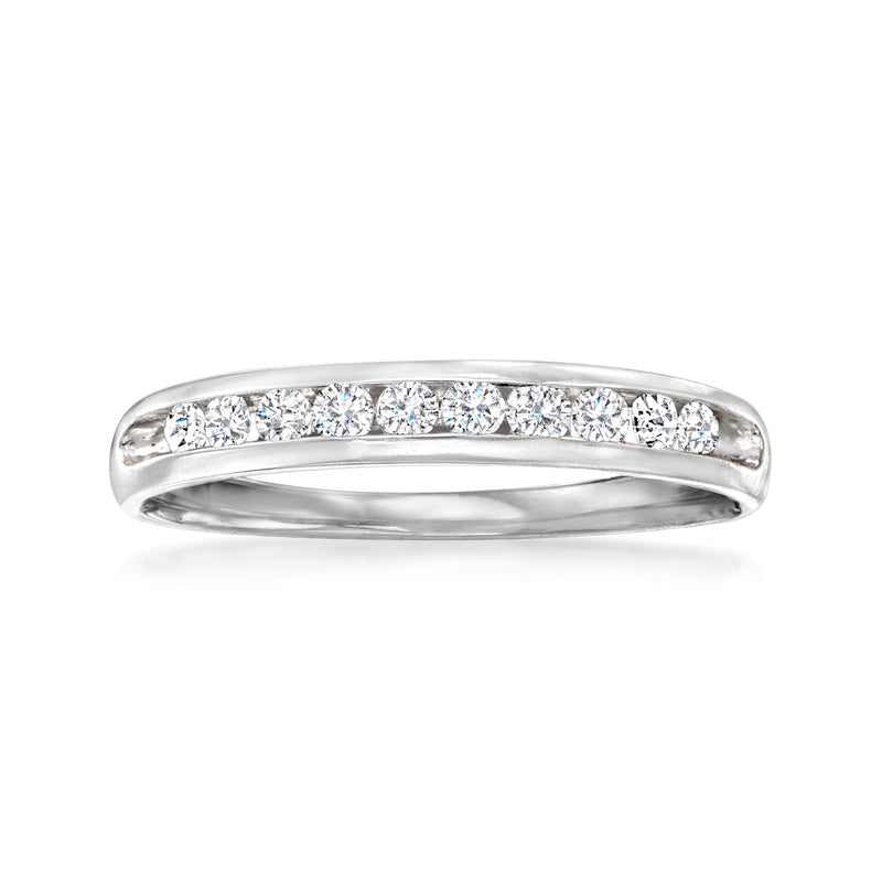 14kt white gold diamond wedding band with channel-set stones across the top
