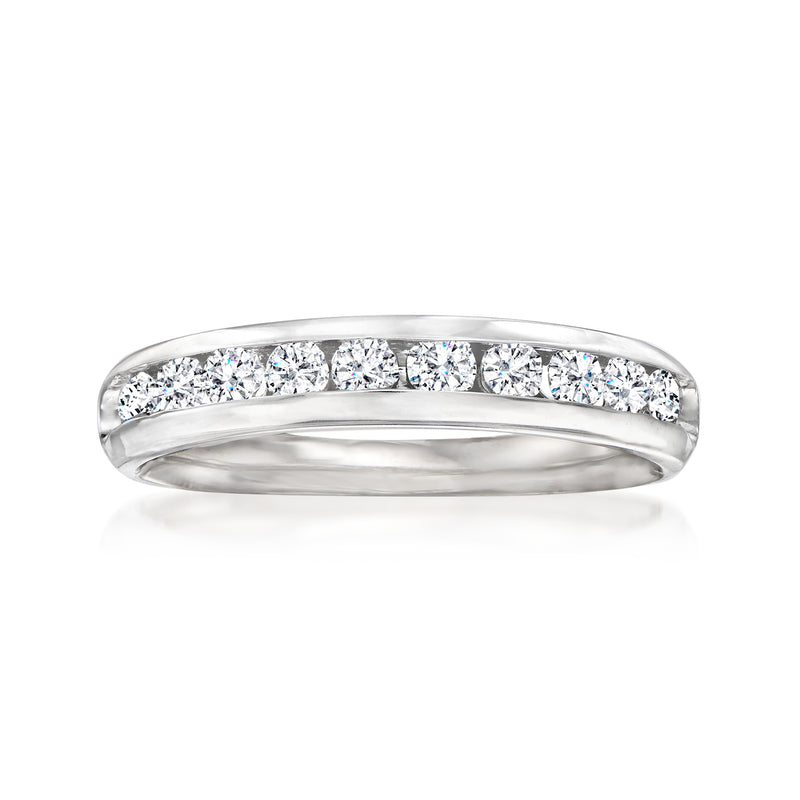14kt white gold diamond wedding band with row of round channel-set stones